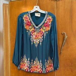Savanna Jane Teal and Pink Embroidered Blouse